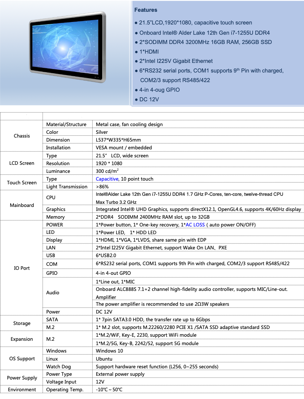 corenox 21,5 inch Tech spec 